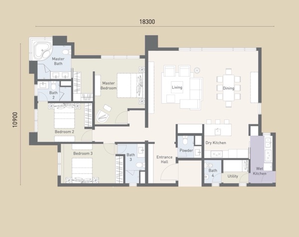 Type B floor plan 1,927 sq ft 3+1 bedroom